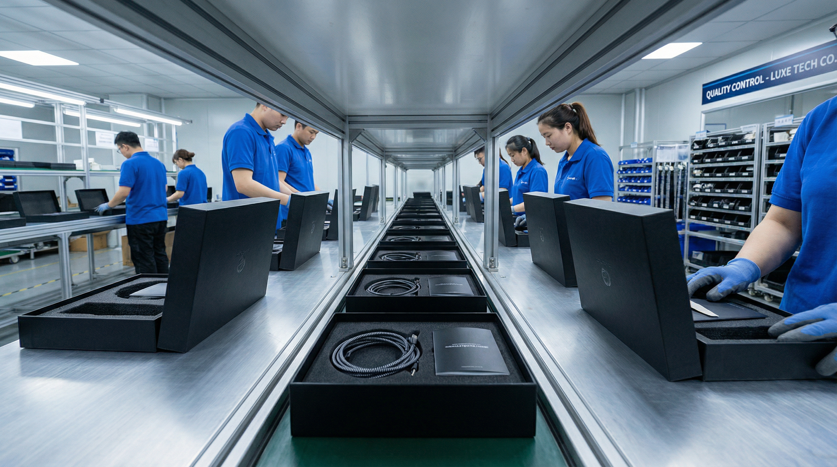 Assembly line of premium tech gift boxes